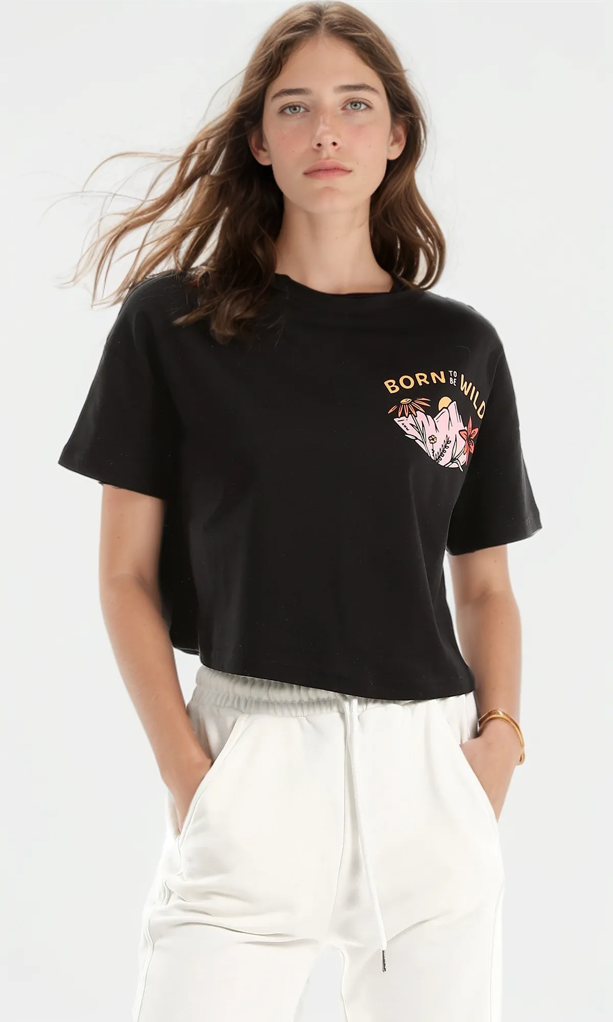 97657 Side Front Printing Loose Round Black Crop Top