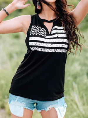 American Flag Print Cutout Tank Top in Black