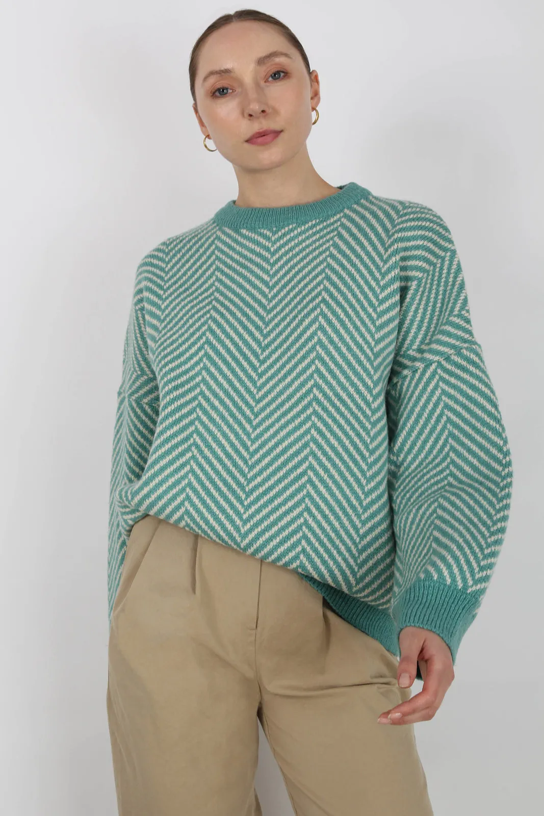 Aqua blue and ivory herringbone jumper