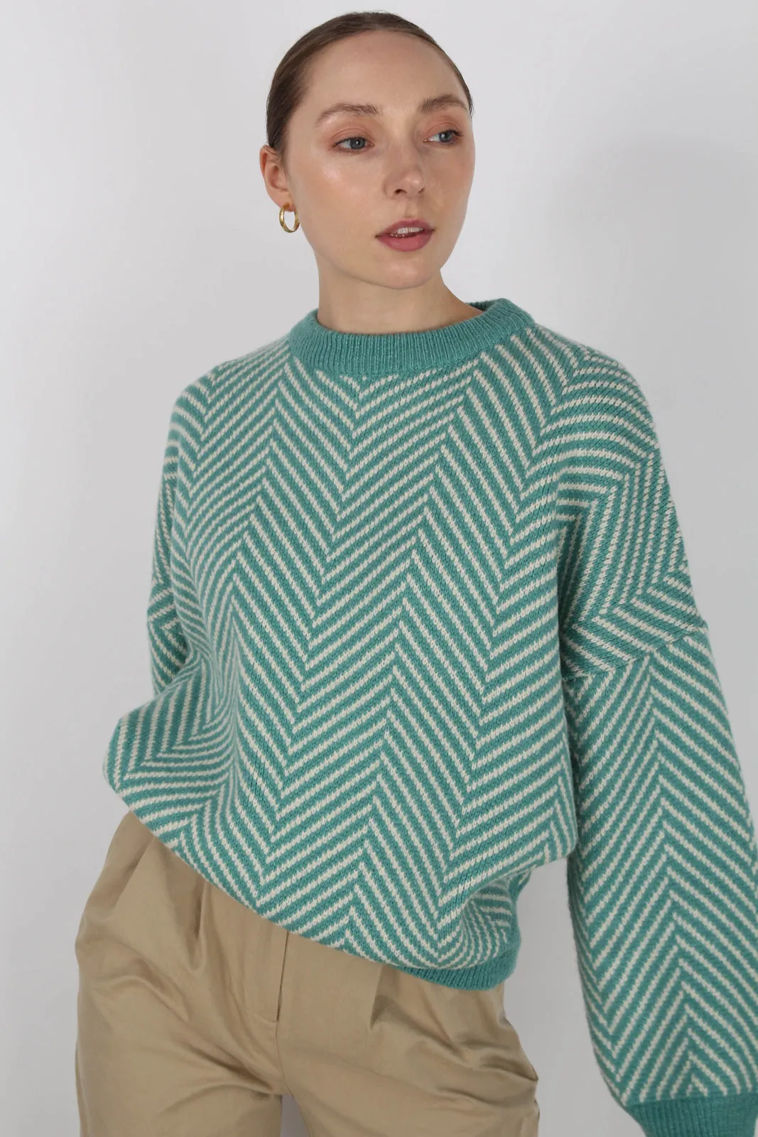 Aqua blue and ivory herringbone jumper