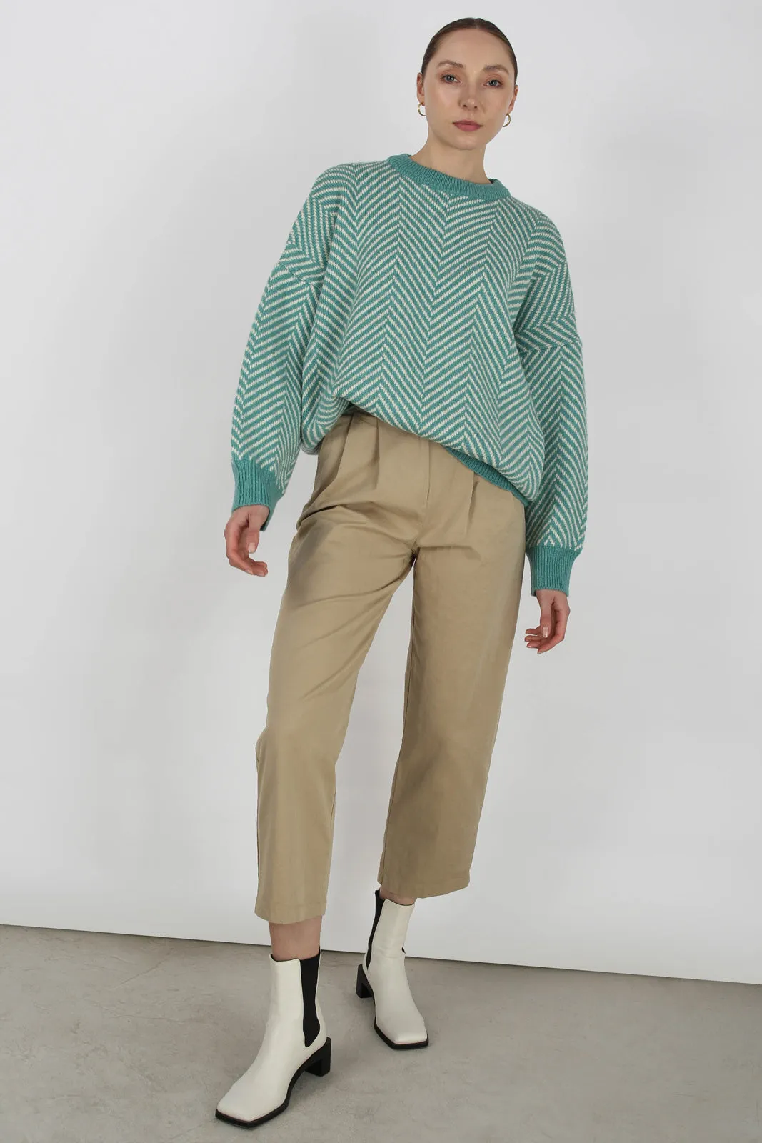 Aqua blue and ivory herringbone jumper