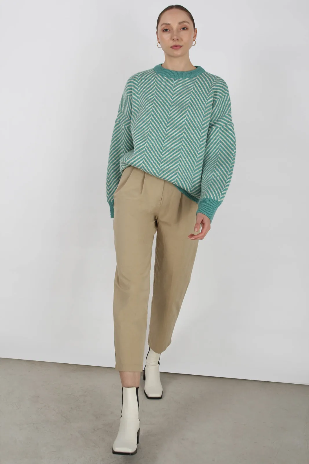 Aqua blue and ivory herringbone jumper