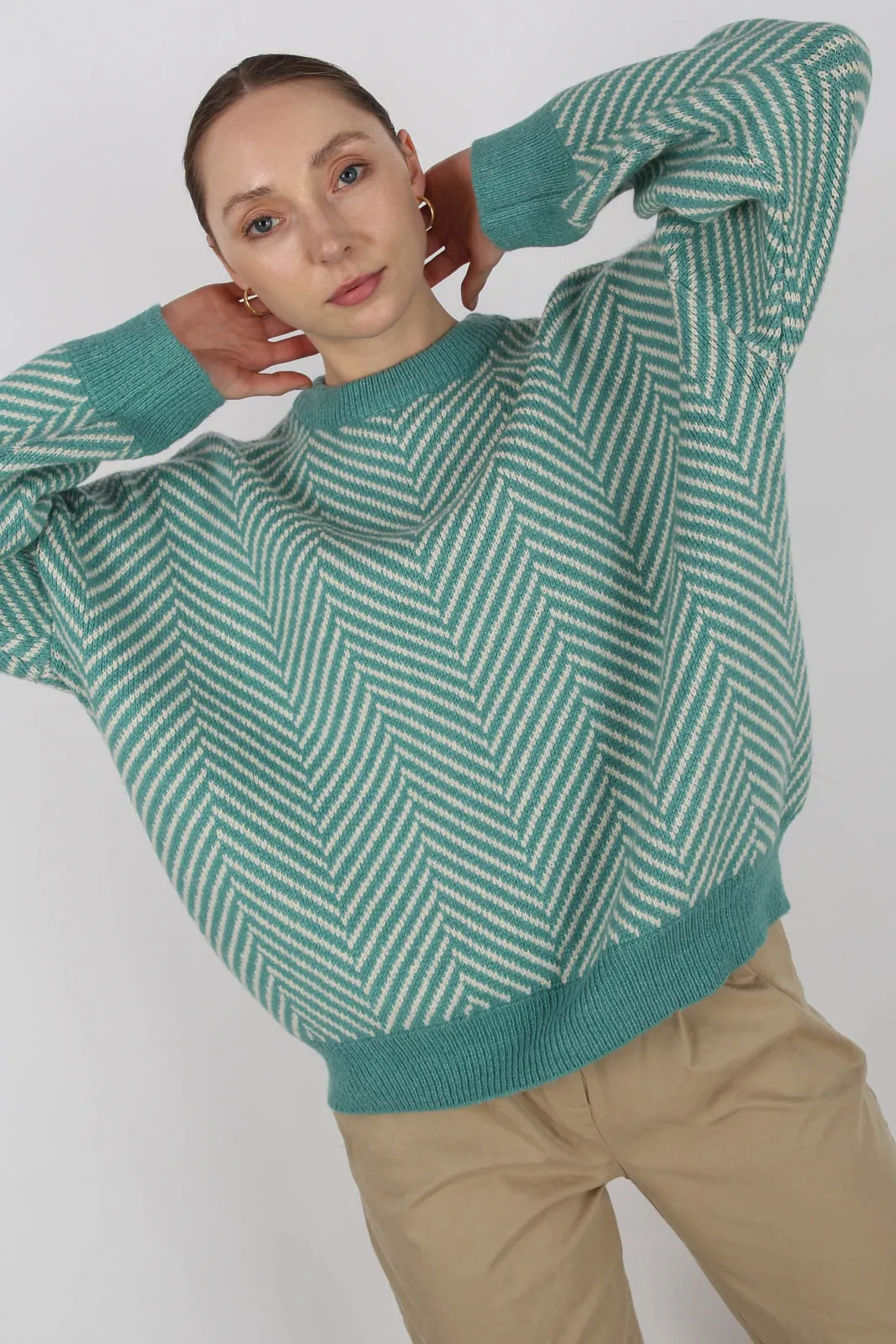 Aqua blue and ivory herringbone jumper