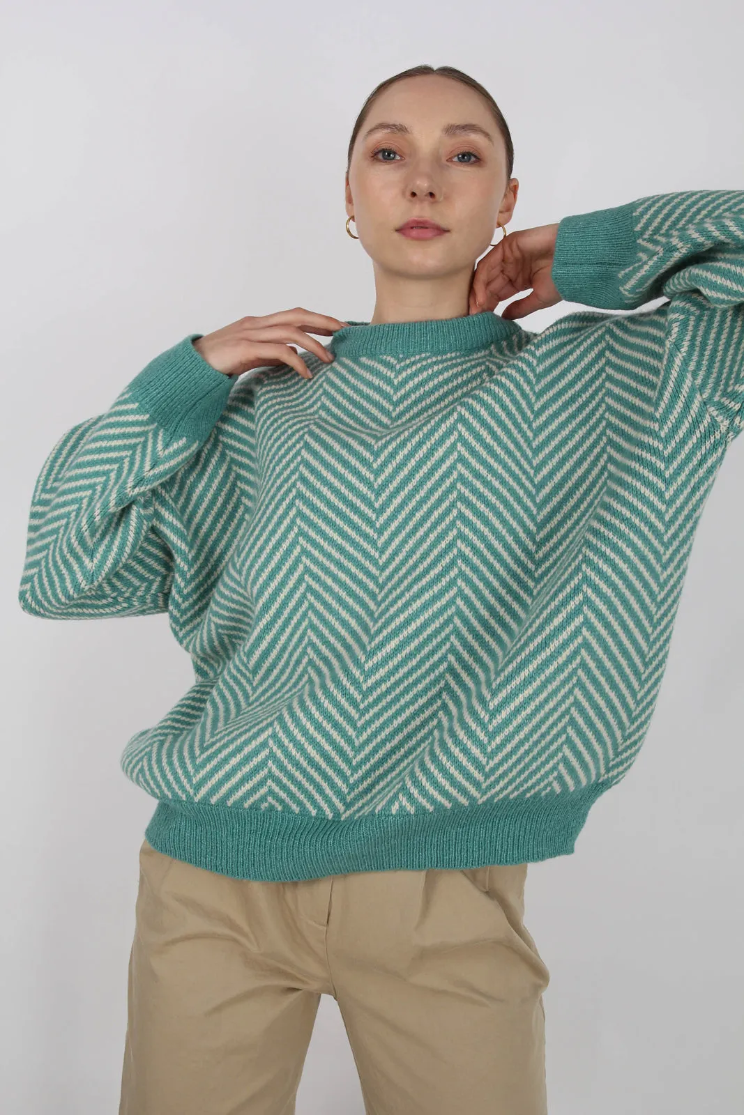 Aqua blue and ivory herringbone jumper