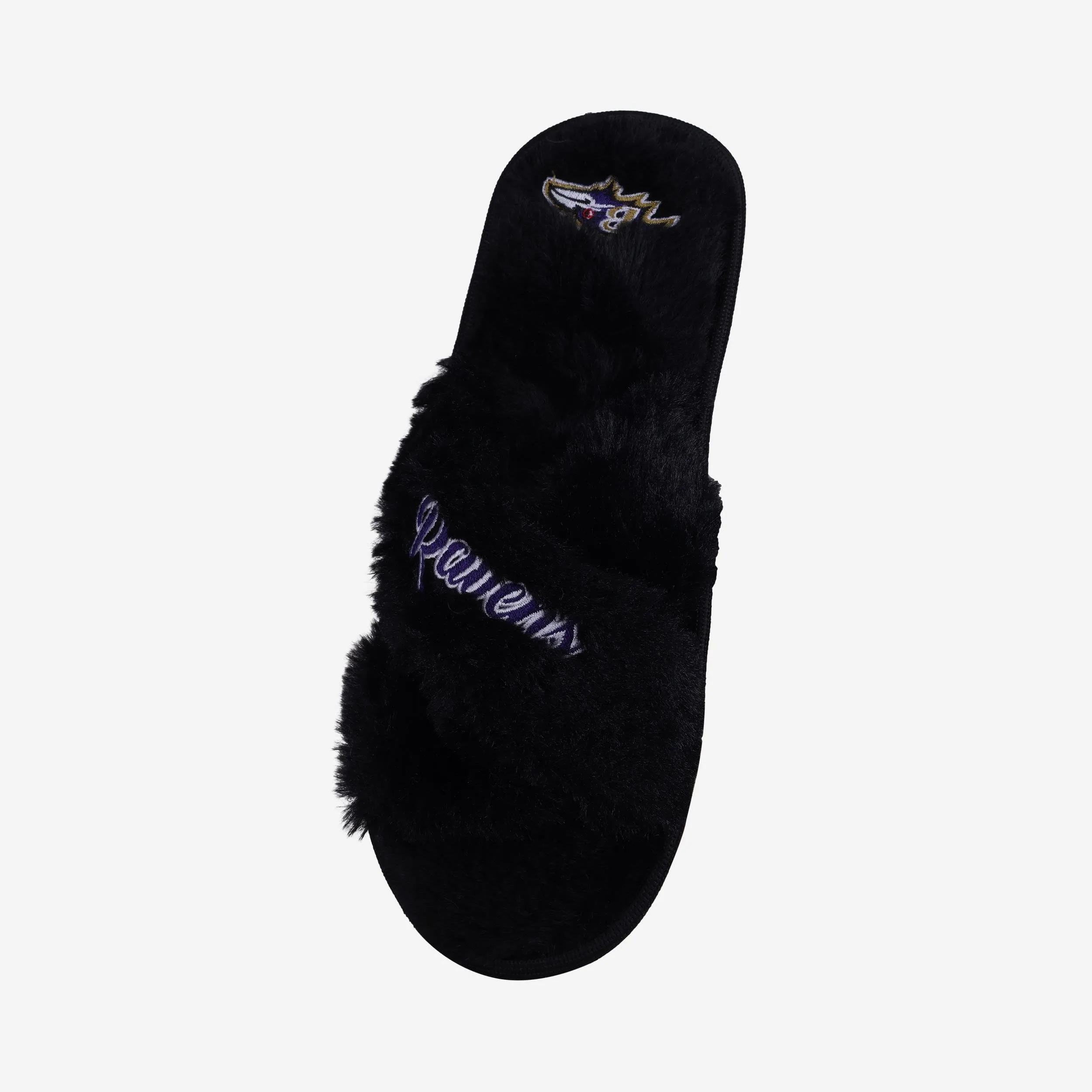 Baltimore Ravens Womens Script Wordmark Fur Cross Slide