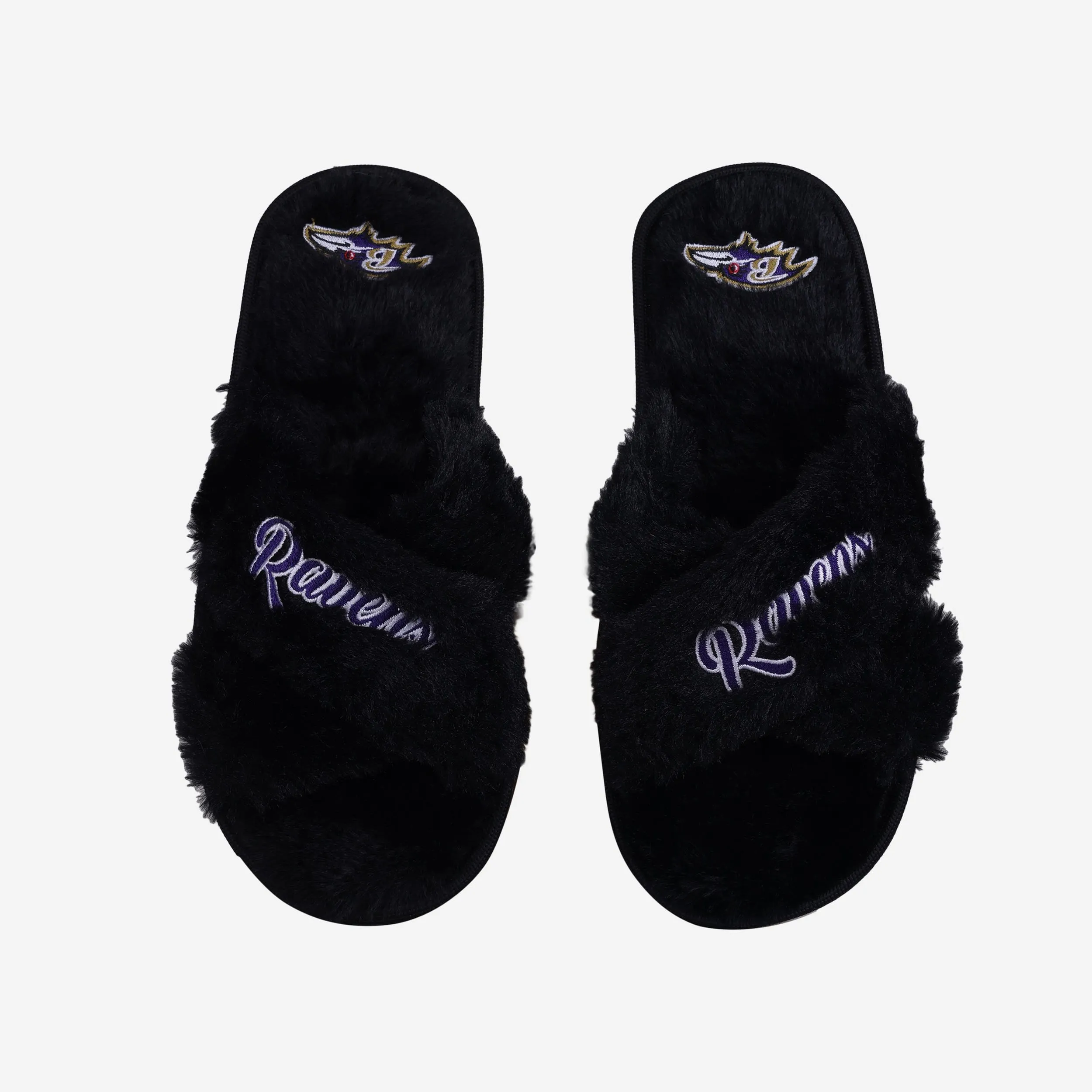 Baltimore Ravens Womens Script Wordmark Fur Cross Slide