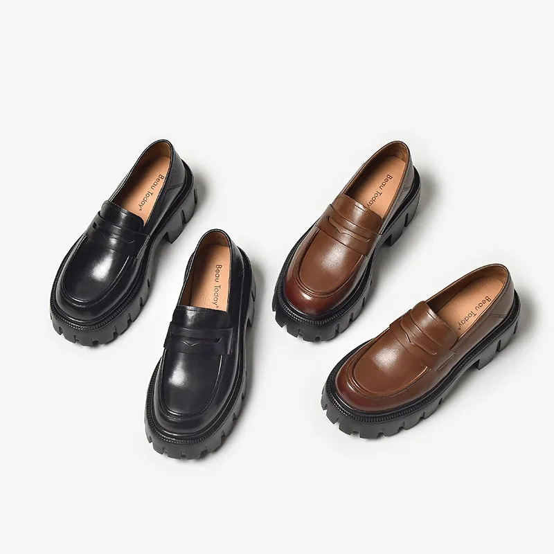 BeauToday Classic Platform Penny Loafers with Lug Sole for Women