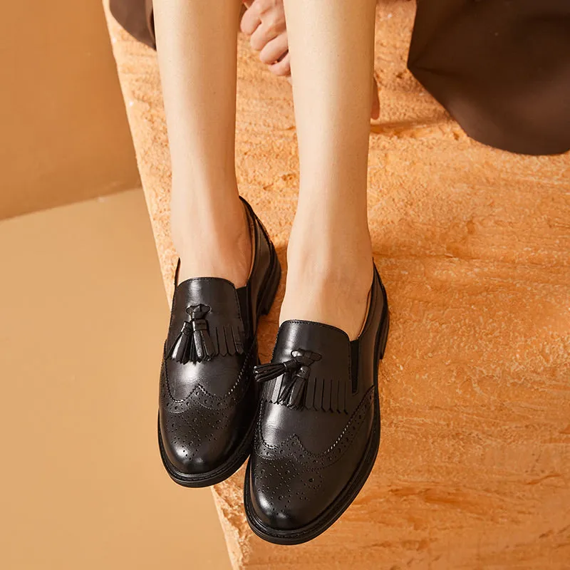 BeauToday Handmade Leather Tassel Brogue Loafers for Women