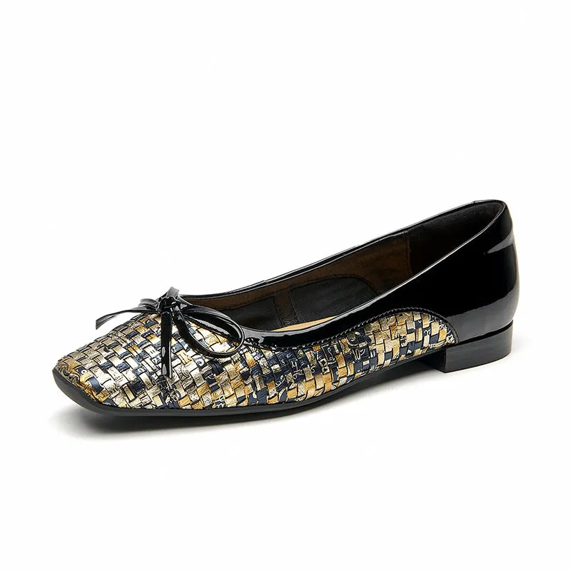 Beautoday Women Sheepskin Square Toe Ballets Flats in Woven Style