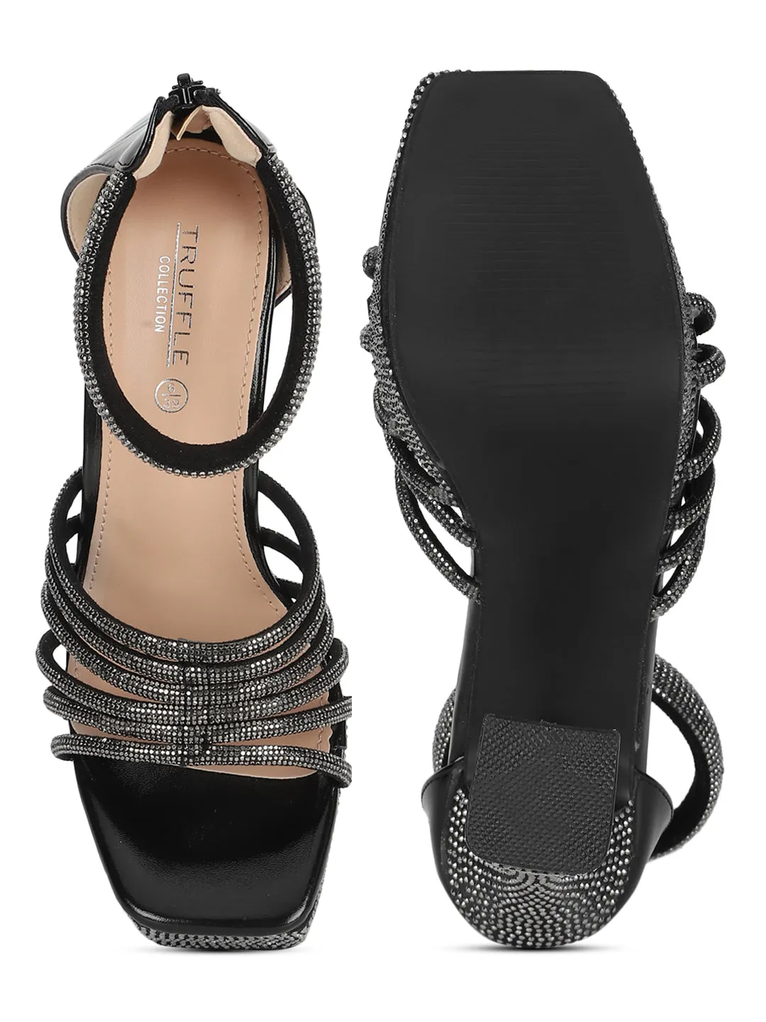 Black Embellished Block High Heel Platform Sandals (TC-RS3602-BLK)