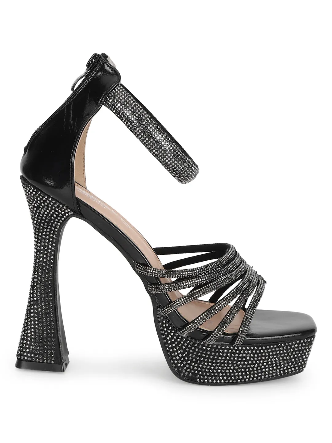 Black Embellished Block High Heel Platform Sandals (TC-RS3602-BLK)