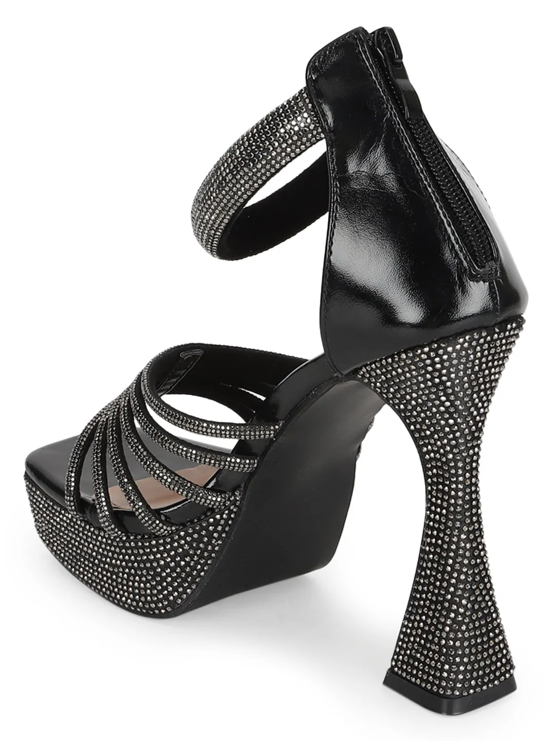 Black Embellished Block High Heel Platform Sandals (TC-RS3602-BLK)