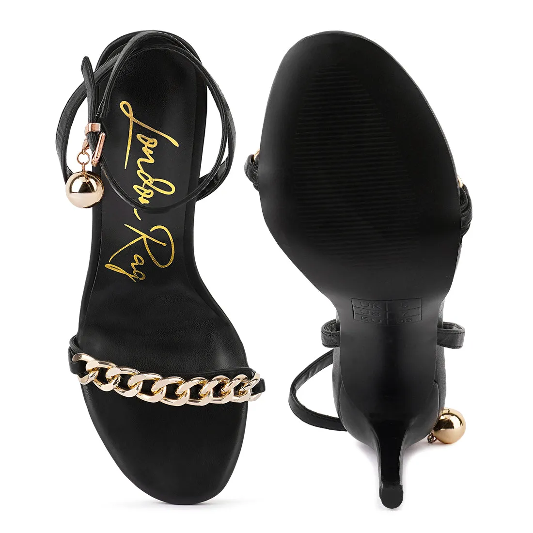 Black High Heeled Metal Chain Strap Sandal