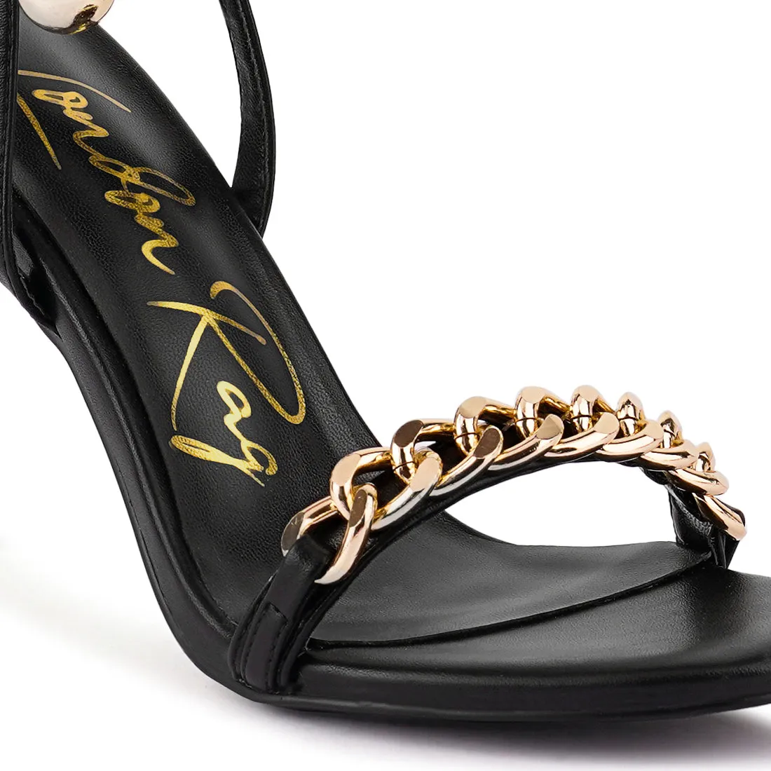 Black High Heeled Metal Chain Strap Sandal