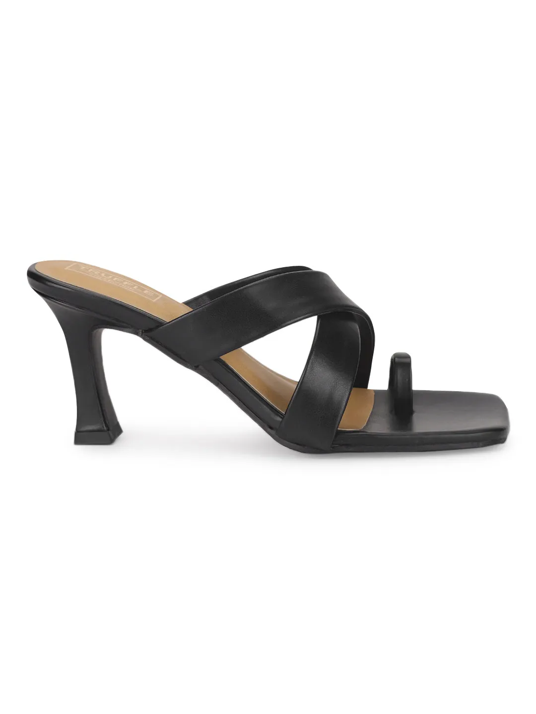 Black PU Crossover Strap Solid Pattern Stiletto Mules (TC-SLC-A8-BLK)