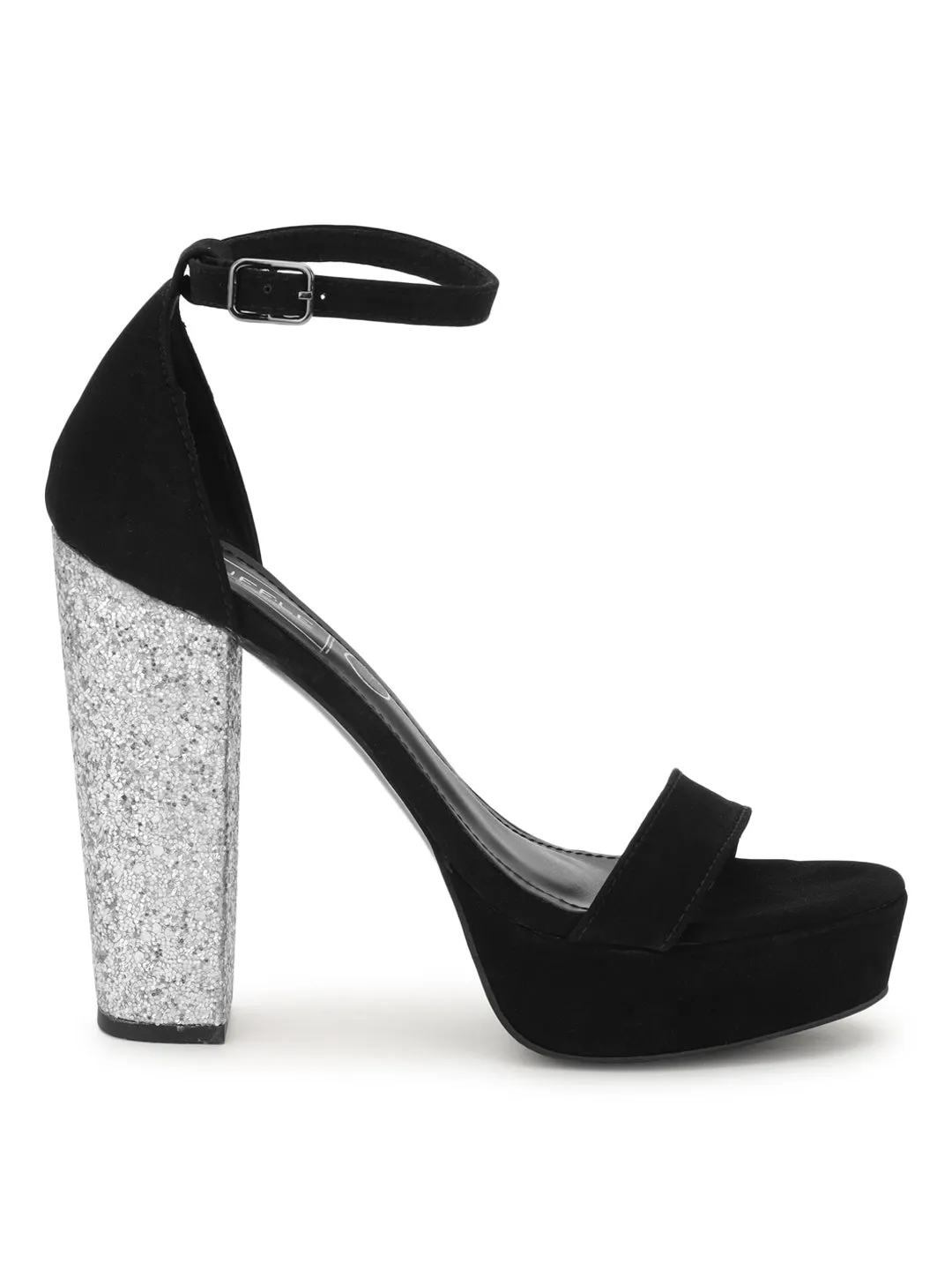 Black Silver Suede Diamond Block Heel Sandals (TP10376-BLKSIL)