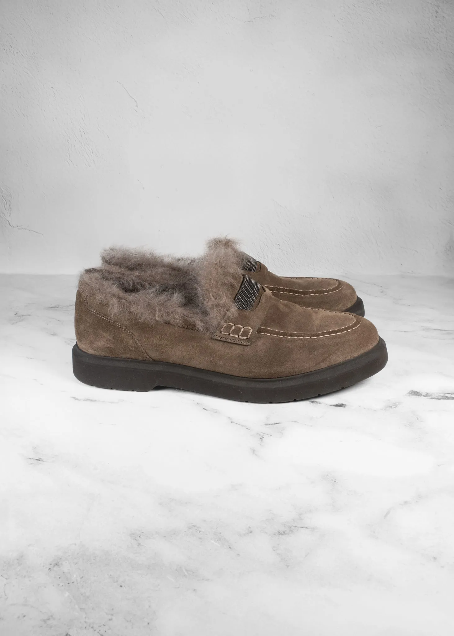 Brunello Cucinelli Suede Shearling Penny Loafers