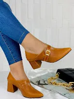 Camel Brown Leather Buckle Heels