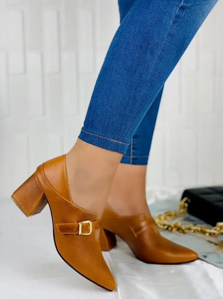 Camel Brown Leather Buckle Heels