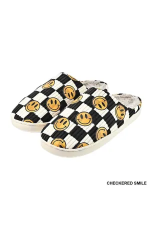 Checkered Smiley Soft Plush Slippers