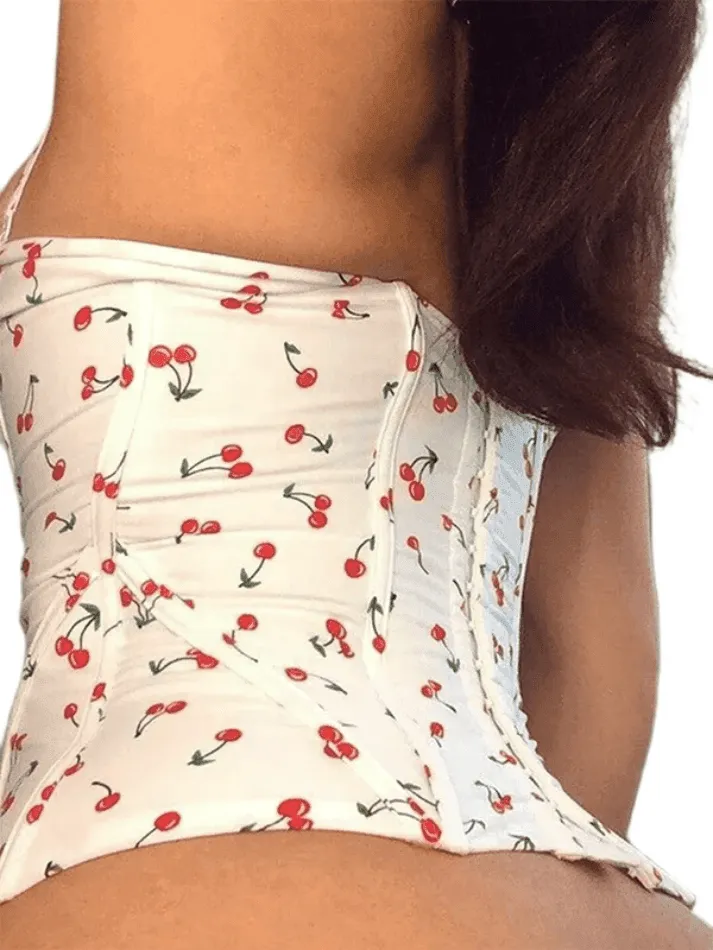 Cherry Print Buckle Lace Up Cami Top