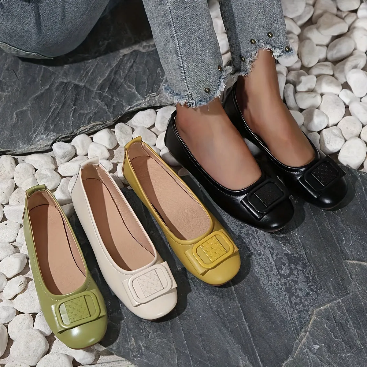 Chic Buckle-Embellished Slip-On Flats - Comfortable Soft Sole, Versatile Styling for Everyday Wear