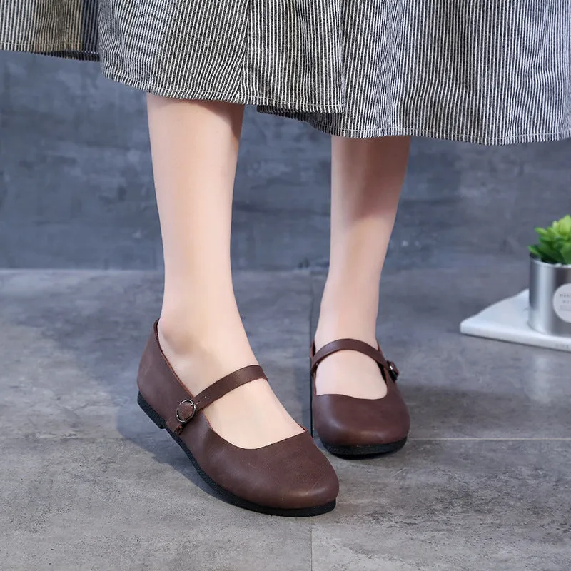 Comfortable Soft Leather Buckle Handmade Retro Flats Womens Shoes