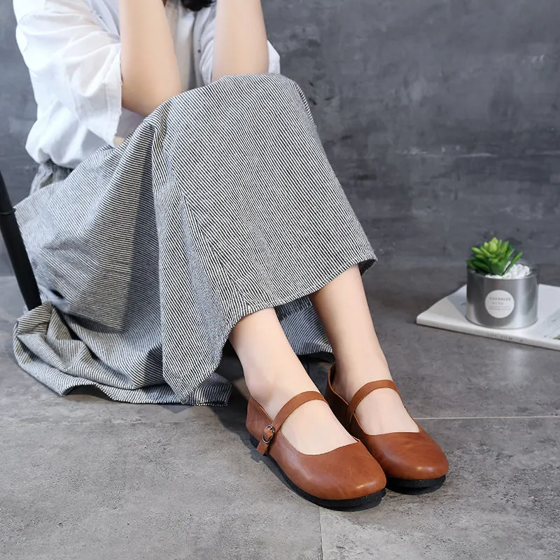 Comfortable Soft Leather Buckle Handmade Retro Flats Womens Shoes