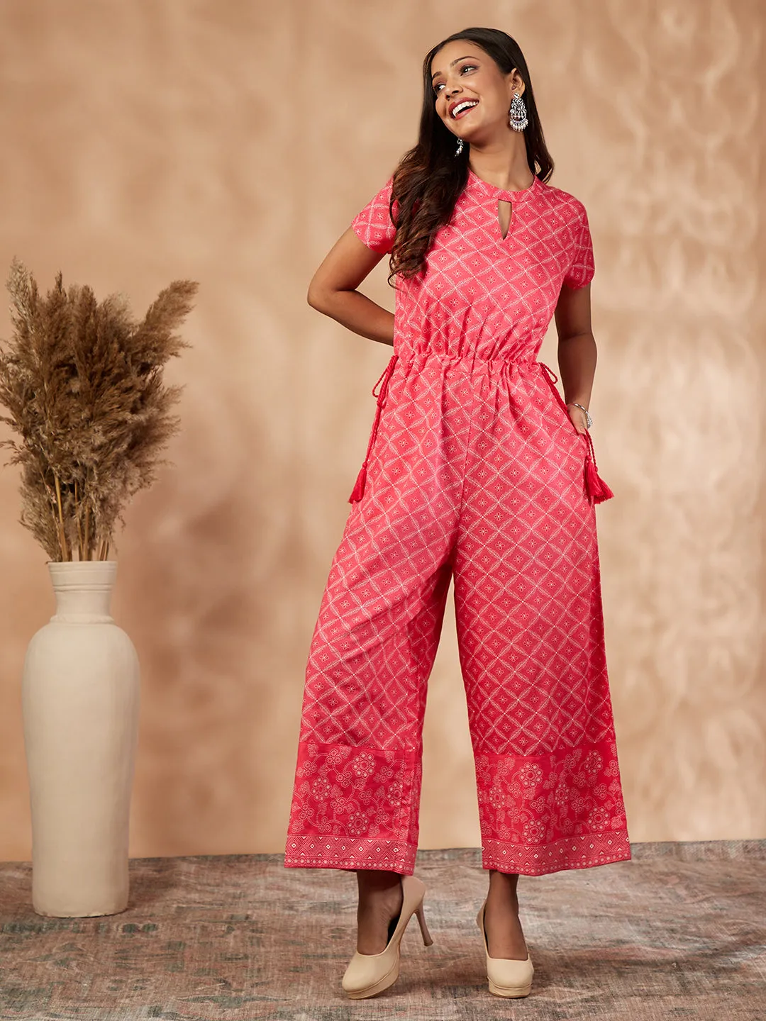 Coral Printed Rayon Jumpsuit