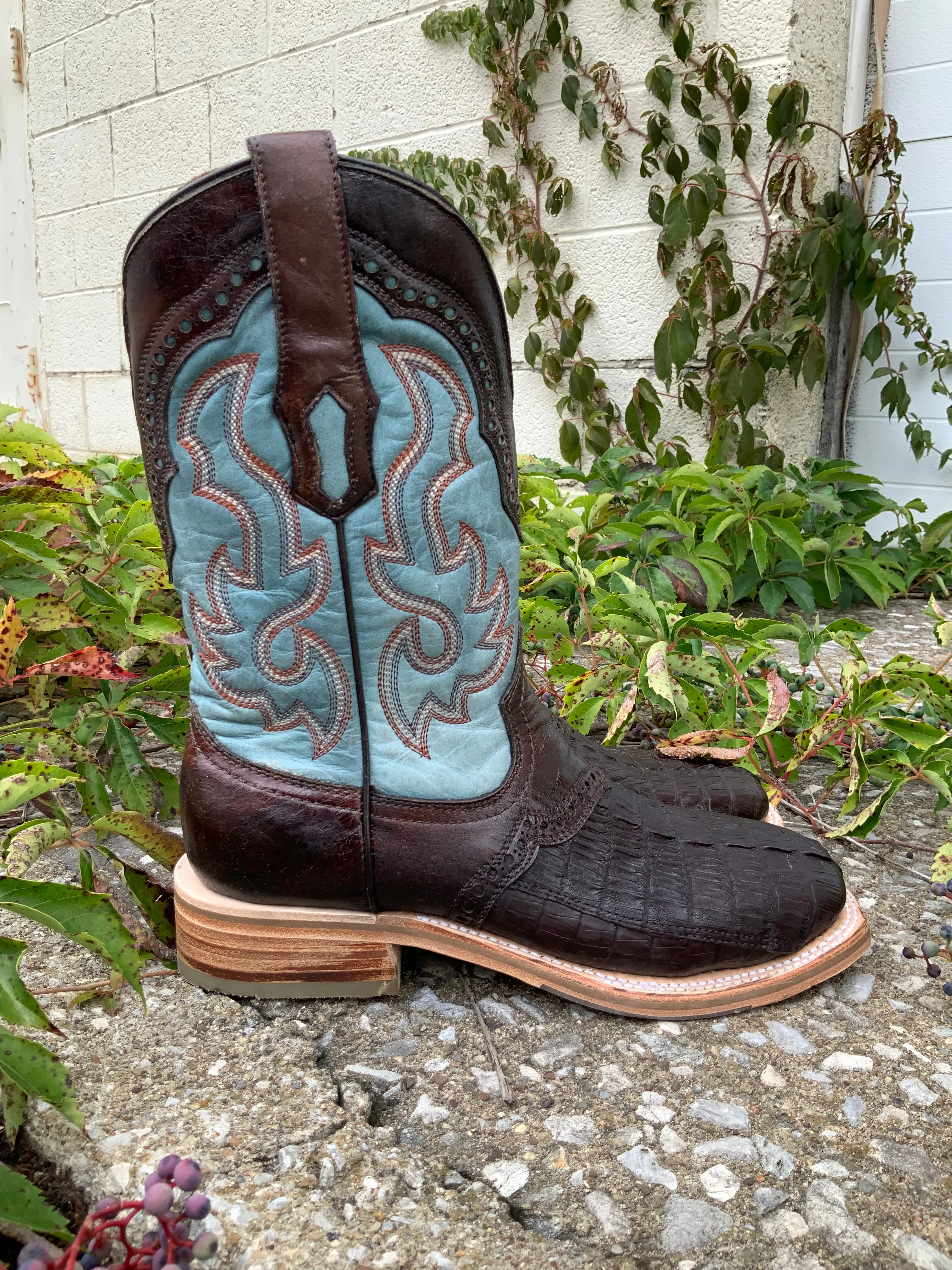 Corral Men's Brown Caiman Overlay Wide Square Toe Cowboy Boots A4286