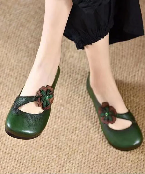 Cowhide Leather Floral Splicing Green Flat Shoes