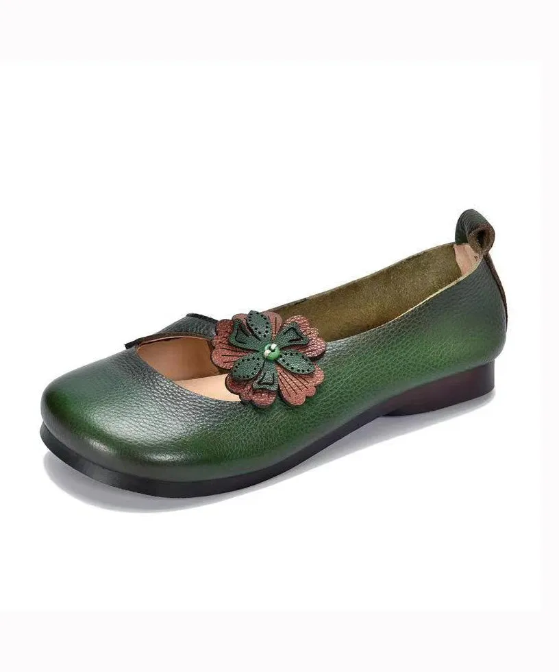 Cowhide Leather Floral Splicing Green Flat Shoes