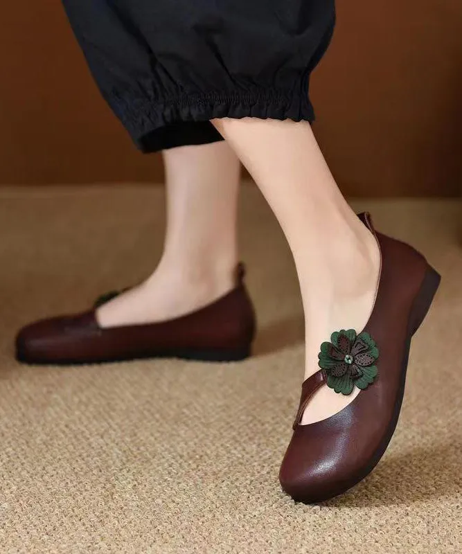 Cowhide Leather Floral Splicing Green Flat Shoes