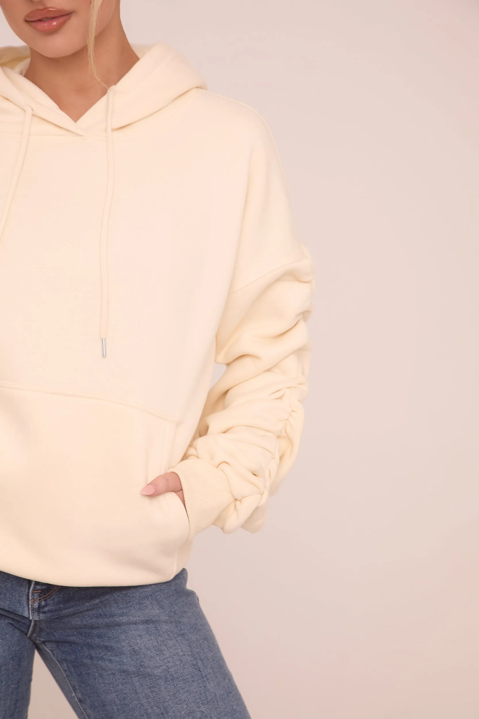 Cream Ruched Sleeve Oversized Hoodie - Lorna