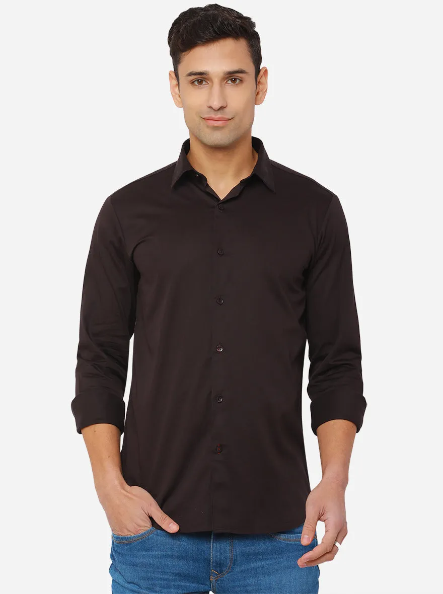 Dark Coffee Solid Slim Fit Semi Casual Shirt | JadeBlue