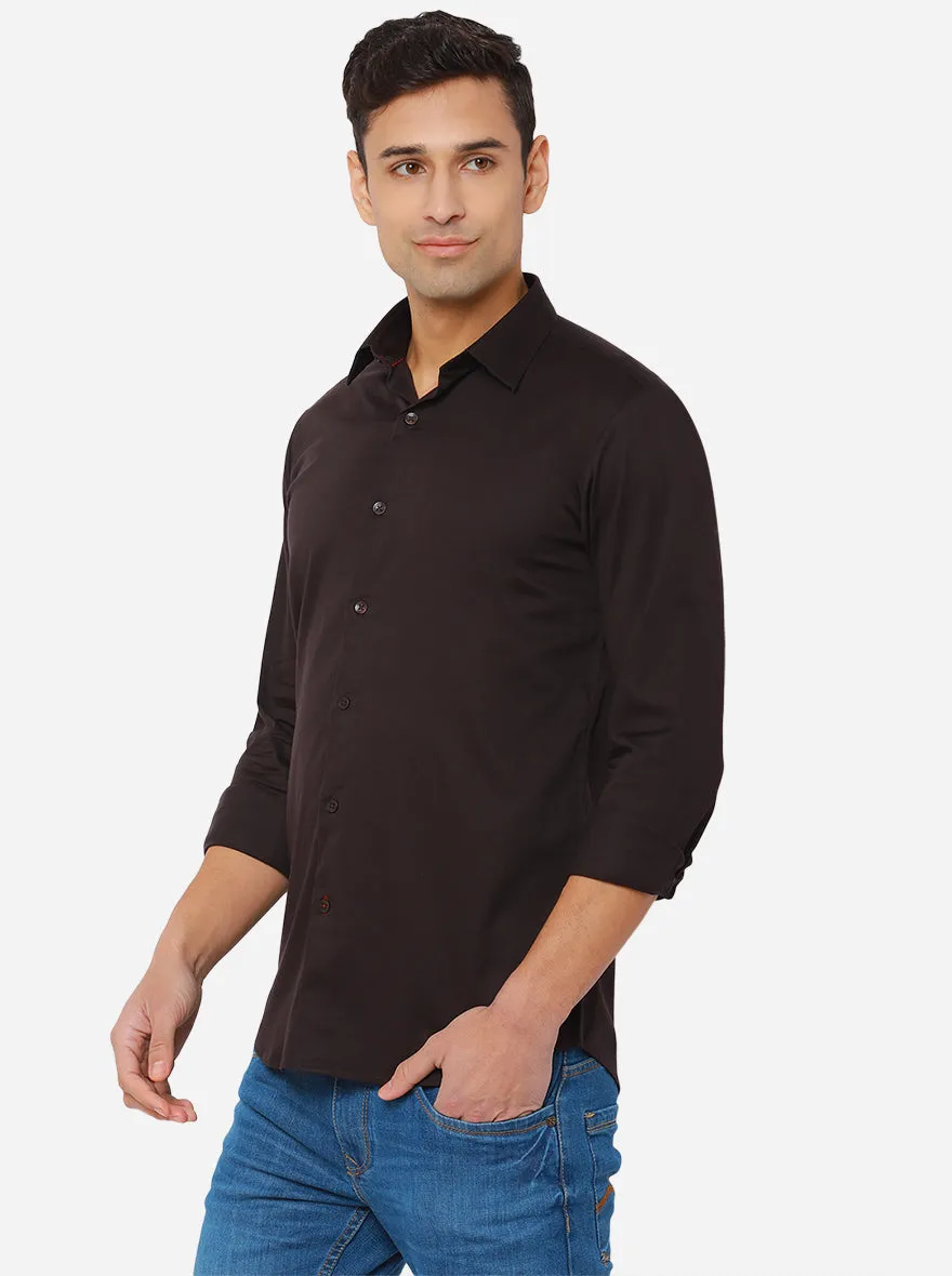 Dark Coffee Solid Slim Fit Semi Casual Shirt | JadeBlue