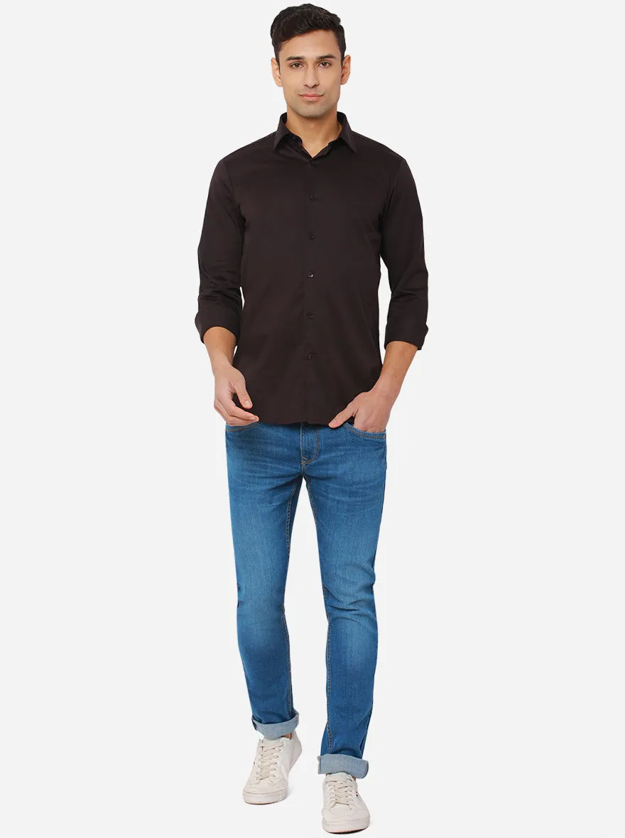 Dark Coffee Solid Slim Fit Semi Casual Shirt | JadeBlue