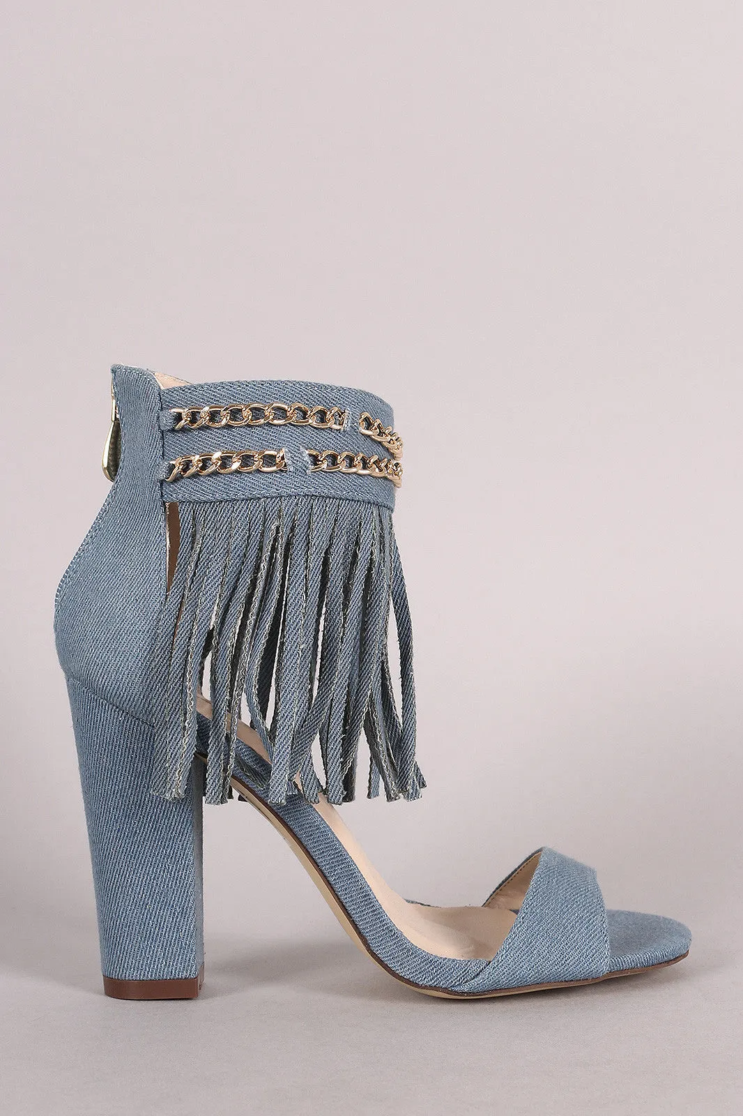 Denim Chained Fringe Cuff Chunky Heel