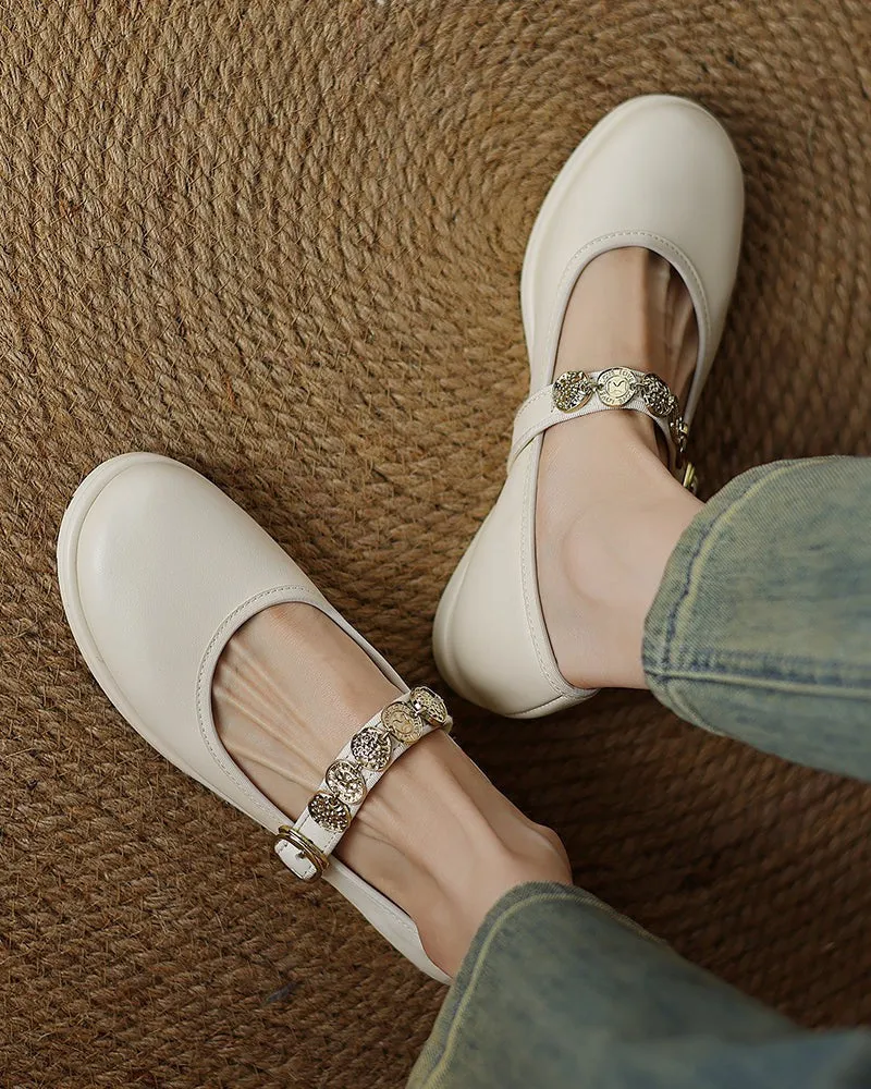 Exquisite Gold Coin Decorated Mary Jane Loafers