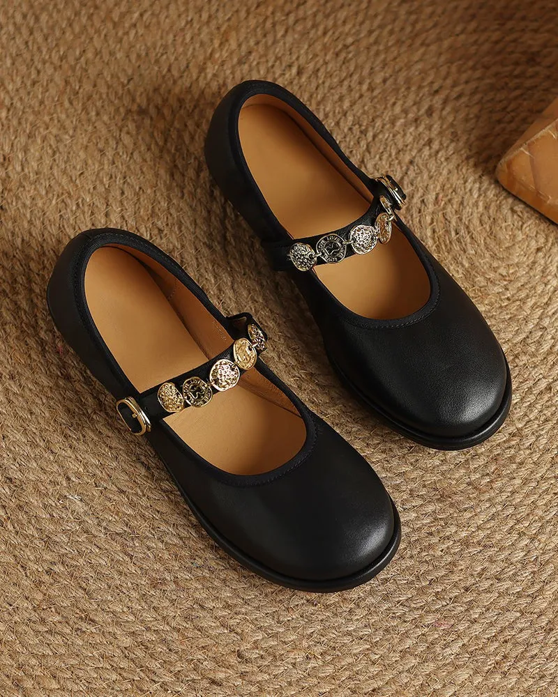 Exquisite Gold Coin Decorated Mary Jane Loafers