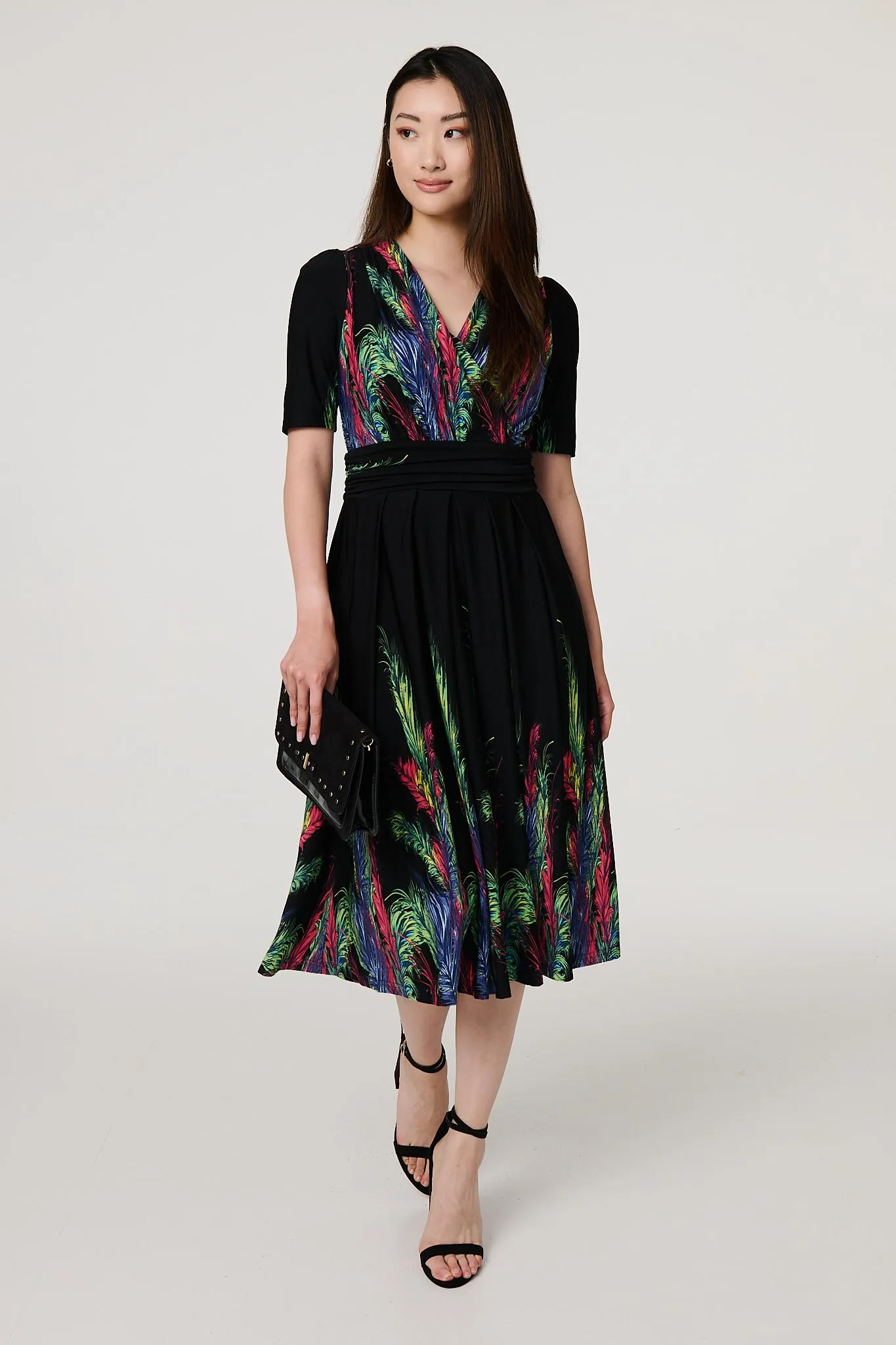 Feather Print Faux Wrap Front Midi Dress