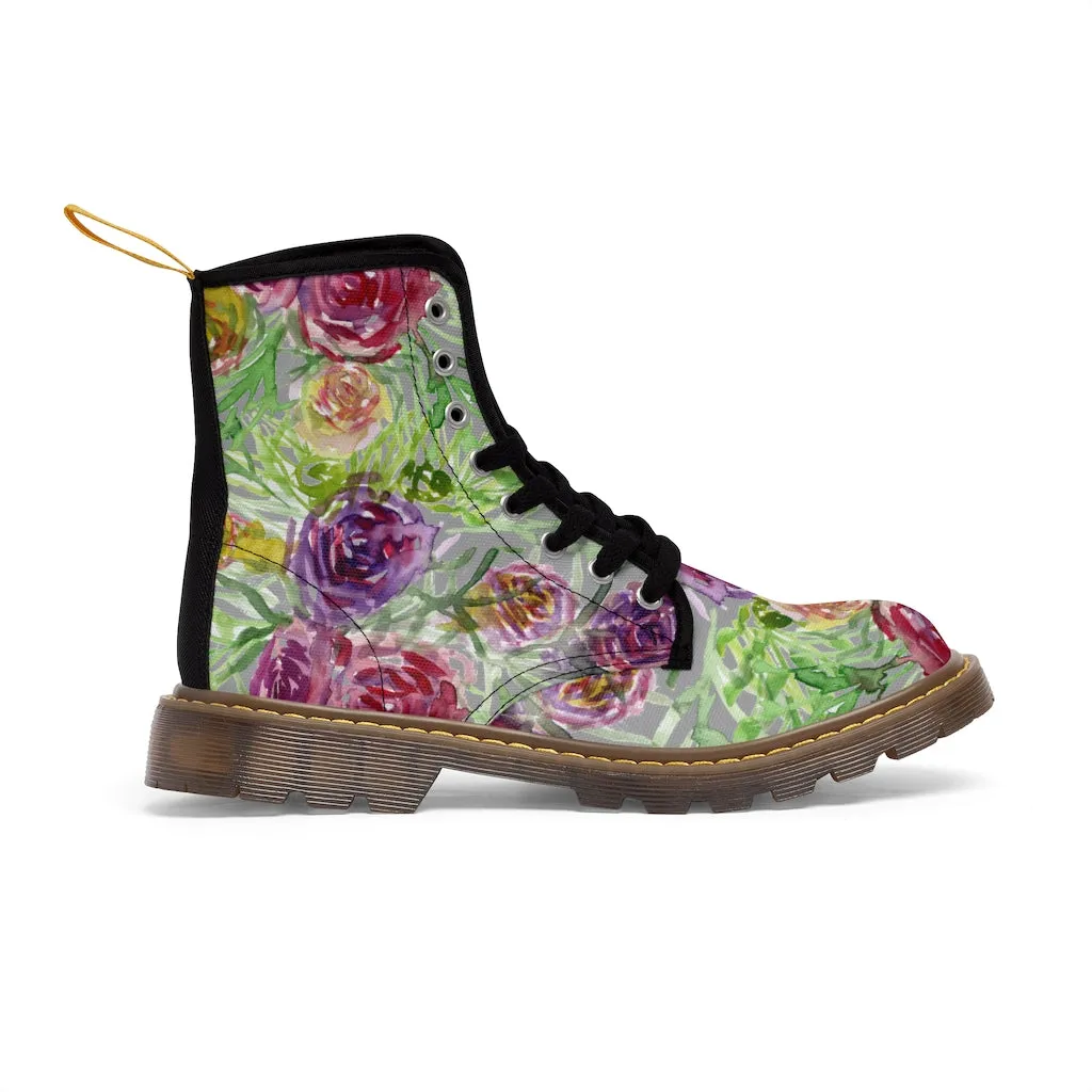 Grey Yellow Floral Women's Boots, Rose Flower Print Girlie Elegant Cute Hiking Combat Boots