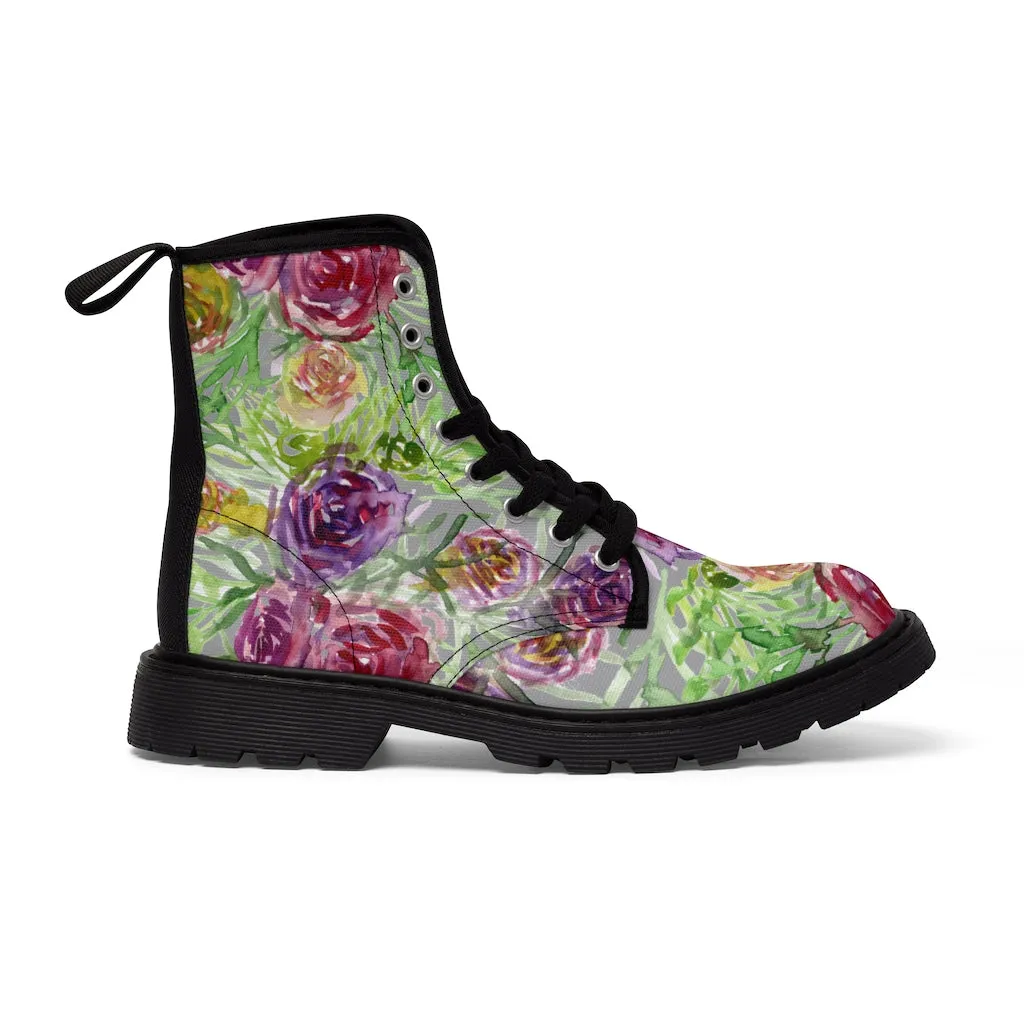 Grey Yellow Floral Women's Boots, Rose Flower Print Girlie Elegant Cute Hiking Combat Boots