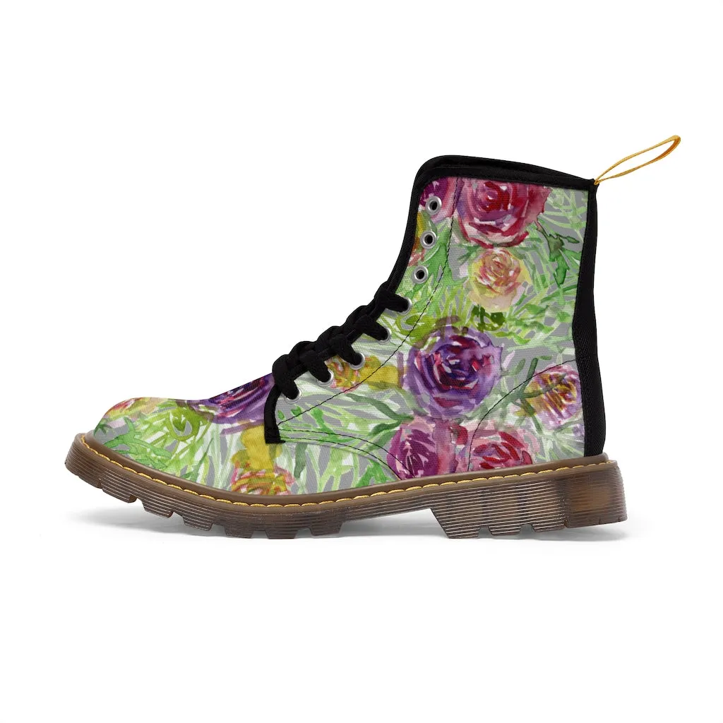 Grey Yellow Floral Women's Boots, Rose Flower Print Girlie Elegant Cute Hiking Combat Boots