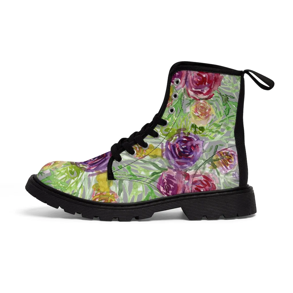 Grey Yellow Floral Women's Boots, Rose Flower Print Girlie Elegant Cute Hiking Combat Boots