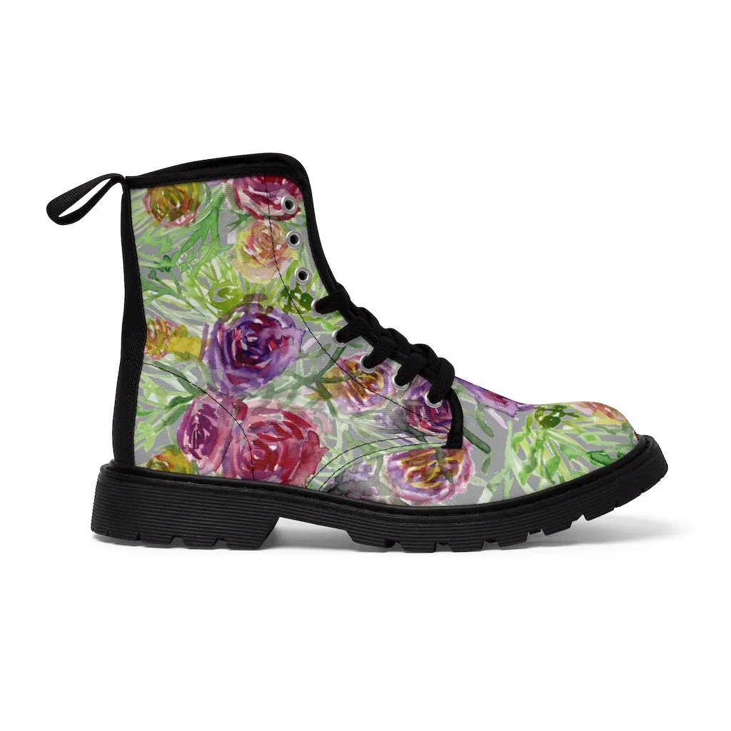 Grey Yellow Floral Women's Boots, Rose Flower Print Girlie Elegant Cute Hiking Combat Boots