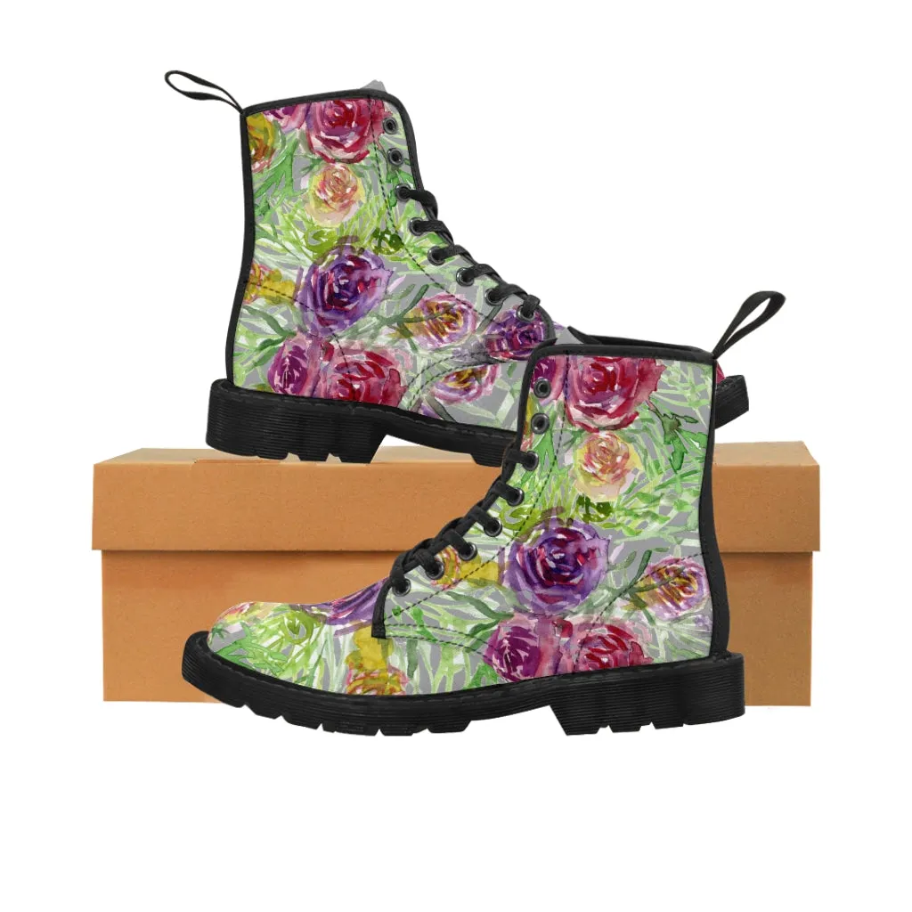 Grey Yellow Floral Women's Boots, Rose Flower Print Girlie Elegant Cute Hiking Combat Boots