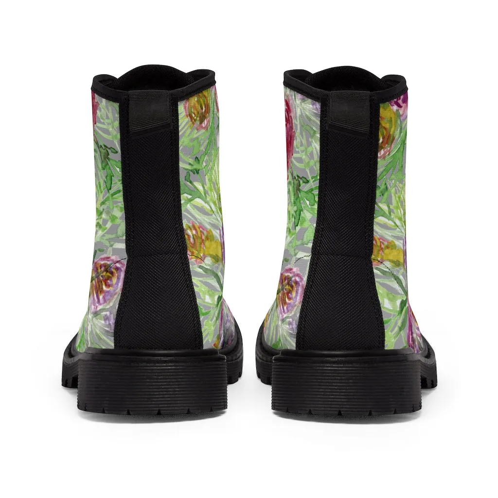 Grey Yellow Floral Women's Boots, Rose Flower Print Girlie Elegant Cute Hiking Combat Boots