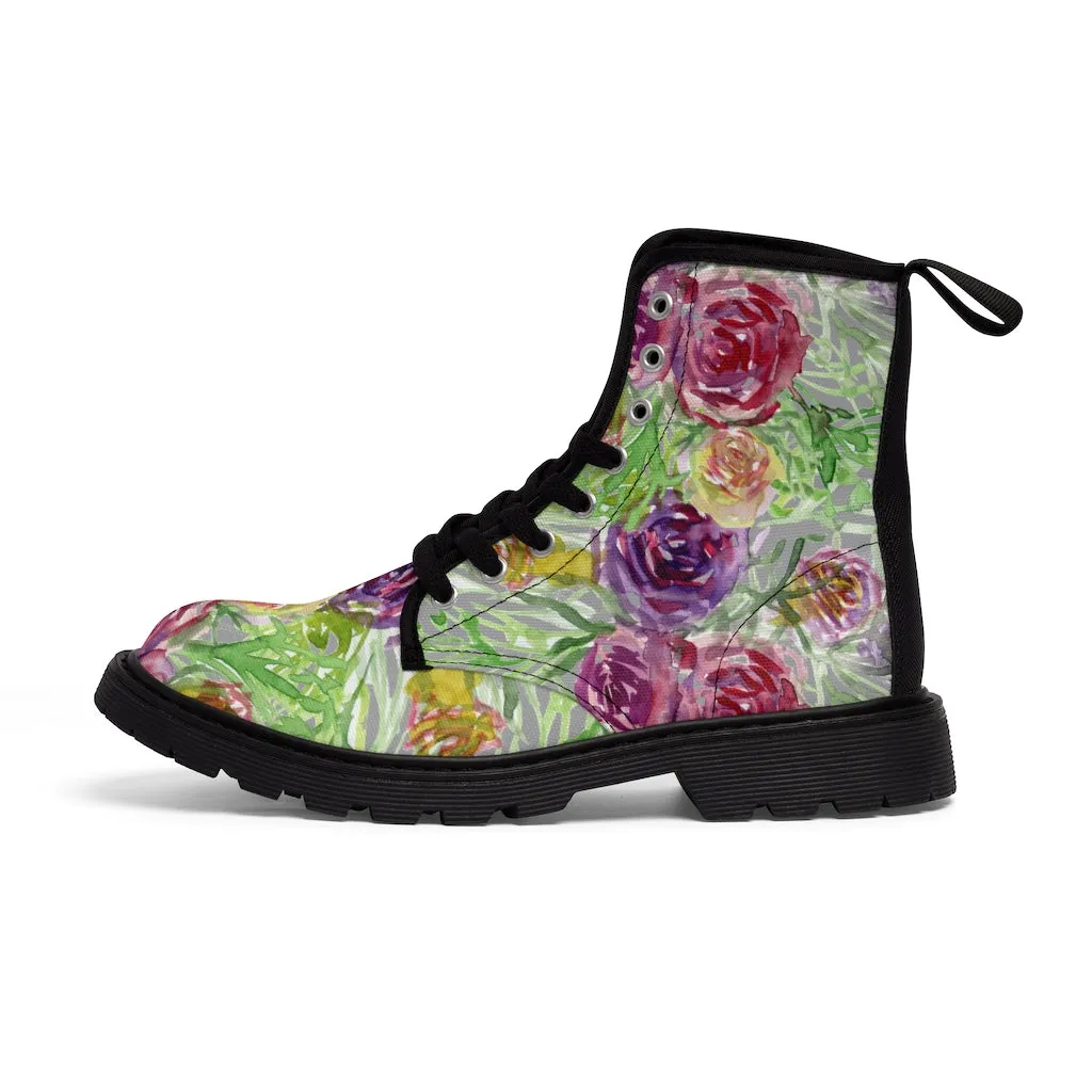 Grey Yellow Floral Women's Boots, Rose Flower Print Girlie Elegant Cute Hiking Combat Boots