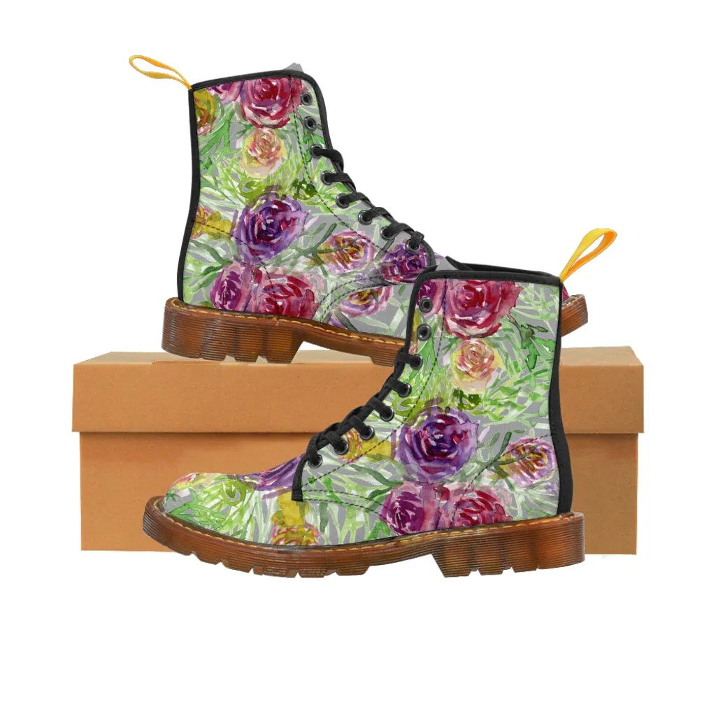 Grey Yellow Floral Women's Boots, Rose Flower Print Girlie Elegant Cute Hiking Combat Boots